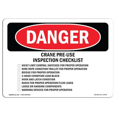 Signmission Safety Sign, OSHA Danger, 18" Height, Rigid Plastic, Crane Pre-Use Inspection Checklist, Landscape OS-DS-P-1824-L-2074